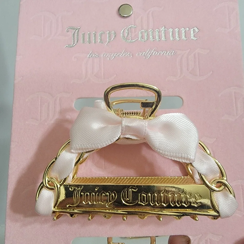 NEW JUICY COUTURE HAIR CLIPS Ribbon‎ Bow Gold Pink 2 Set Metal Claw